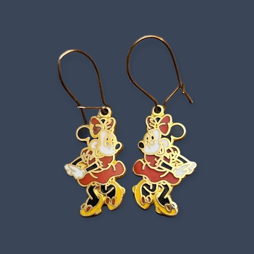 Vtg DISNEY 1970s Gold and Red Minnie Mouse Character Hook Earrings